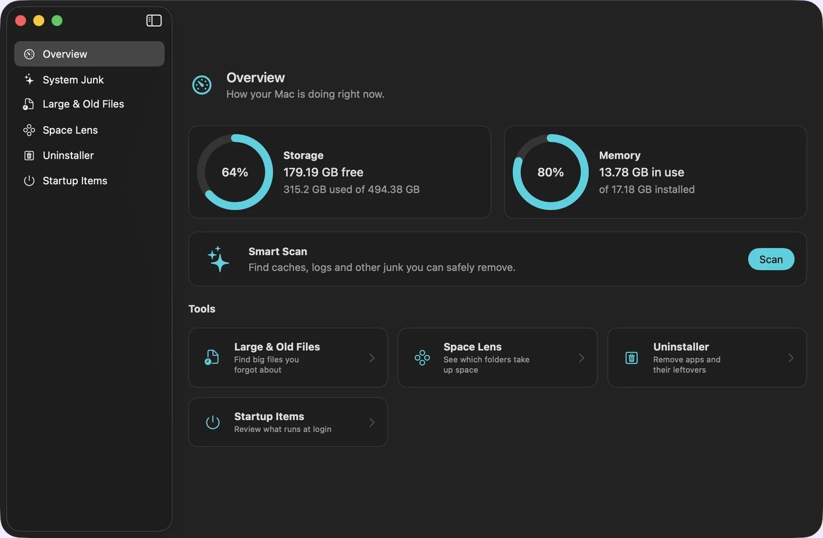 StorageClean's Overview screen: storage and memory gauges, a Smart Scan button and shortcuts to each tool